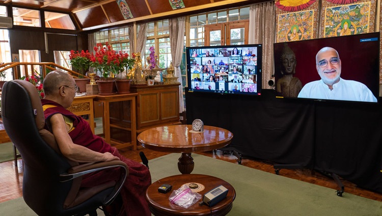 Moderator Rajiv Mahrotra, Secretary of the the Foundation for Universal Responsibility of His Holiness the Dalai Lama (FURHHDL) following following up on a question during the question and answer session during his virtual talk on "India's Heritage of Karuna and Ahimsa" from his residence in Dharamsala, HP, India on October 26, 2020. Photo by Ven Tenzin Jamphel