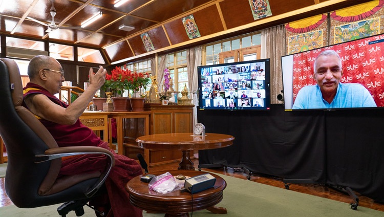 His Holiness the Dalai Lama answering a question posed by social worker, and son of Baba Amte, Prakash Baba Amte, during his talk virtual talk on "India's Heritage of Karuna and Ahimsa" from his residence in Dharamsala, HP, India on October 26, 2020. Photo by Ven Tenzin Jamphel