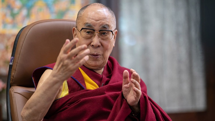 His Holiness the Dalai Lama speaking to the virtual audience during his talk on "India's Heritage of Karuna and Ahimsa" from his residence in Dharamsala, HP, India on October 26, 2020. Photo by Tenzin Phuntsok