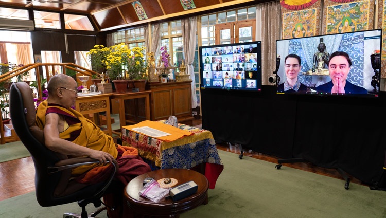 His Holiness the Dalai Lama answering a question from the virtual audience of Russian Buddhists on the first day of teachings from his residence in Dharamsala, HP, India on November 5, 2020. Photo by Ven Tenzin Jamphel