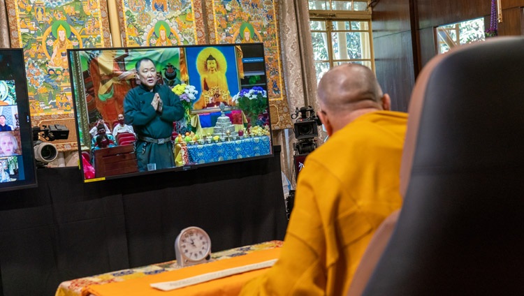 The President of the Republic of Tuva, Mr Sholban Kara-ool asking His Holiness the Dalai Lama a question on the second day of virtual teachings from his residence in Dharamsala, HP, India on November 6, 2020. Photo by Ven Tenzin Jamphel