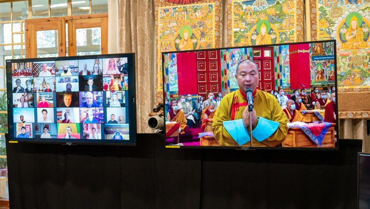 Telo Rinpoché, His Holiness the Dalai Lama's representative in Russia, Mongolia and CIS countries thanking His Holiness on behalf of Russian Buddhist on the final day of virtual teachings from his residence in Dharamsala, HP, India on November 7, 2020. Photo by Ven Tenzin Jamphel