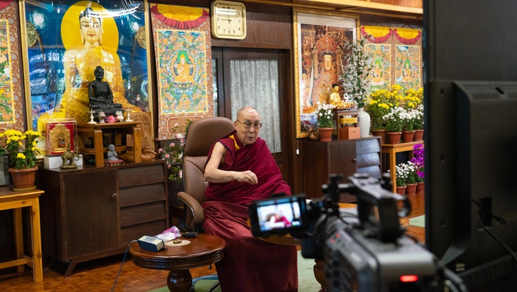 His Holiness the Dalai Lama speaking during the virtual book launch of "Science and Philosophy in the Indian Buddhist Classics, Vol. 2 - The Mind" from his residence in Dharamsala, HP, India on November 13, 2020. Photo by Ven Tenzin Jamphel