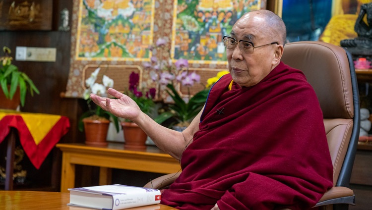 His Holiness the Dalai Lama addressing the virtual audience during the book launch of "Science and Philosophy in the Indian Buddhist Classics, Vol. 2 - The Mind" from his residence in Dharamsala, HP, India on November 13, 2020. Photo by Ven Tenzin Jamphel