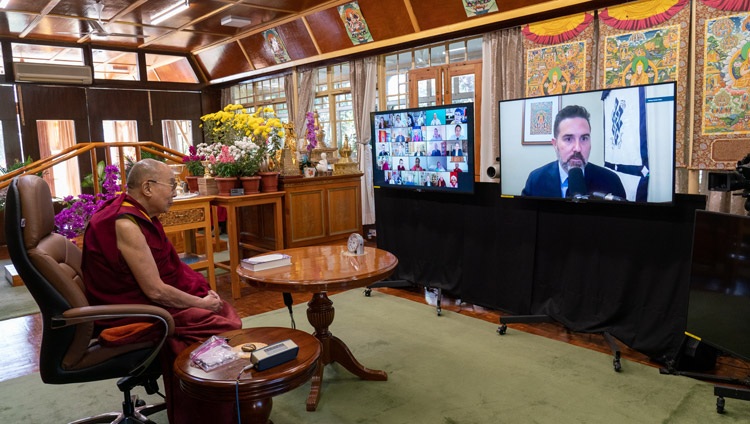 Daniel Aitken, CEO of Wisdom Publications, asking His Holiness the Dalai Lama a question during the virtual book launch of "Science and Philosophy in the Indian Buddhist Classics, Vol. 2 - The Mind" from his residence in Dharamsala, HP, India on November 13, 2020. Photo by Ven Tenzin Jamphel