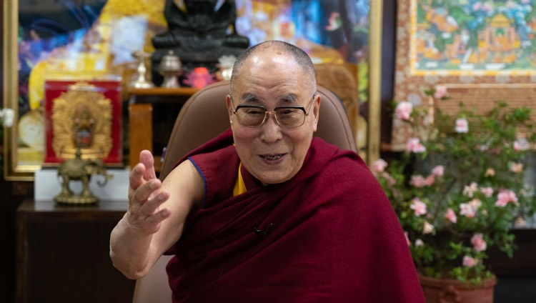 His Holiness the Dalai Lama speaking to the virtual audience during the dialogue on Resilience, Hope and Connection for Well-being as part of this year’s Happiness and Its Causes Conference in Australia from his residence in Dharamsala, HP, India on November 19, 2020. Photo by Ven Tenzin Jamphel