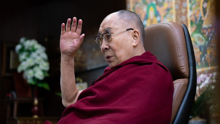His Holiness the Dalai Lama responding to Prof Hickie's comments during their virtual dialogue on Resilience, Hope and Connection for Well-being with His Holiness the Dalai Lama at his residence in Dharamsala, HP, India on November 19, 2020. Photo by Ven Tenzin Jamphel