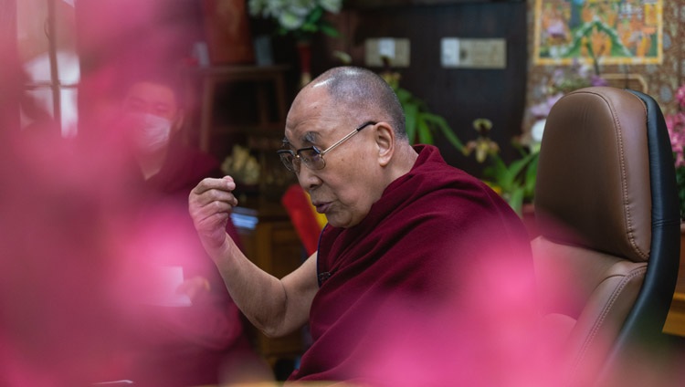 His Holiness the Dalai Lama talking part in the dialogue on The Necessity of Compassion for the Survival of Humanity from his residence in Dharamsala, HP, India on December 9, 2020. Photo by Ven Tenzin Jamphel