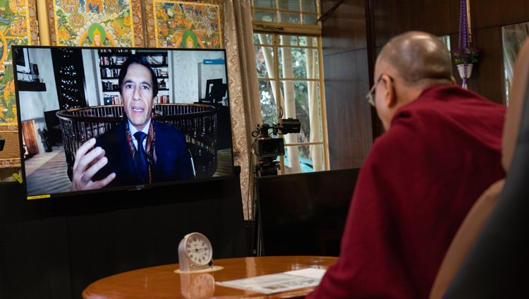 Dr Sanjay Gupta, a practising neurosurgeon and faculty member at Emory University, and also the chief medical correspondent for CNN, asking His Holiness the Dalai Lama a question during the dialogue on The Necessity of Compassion for the Survival of Humanity on December 9, 2020. Photo by Ven Tenzin Jamphel