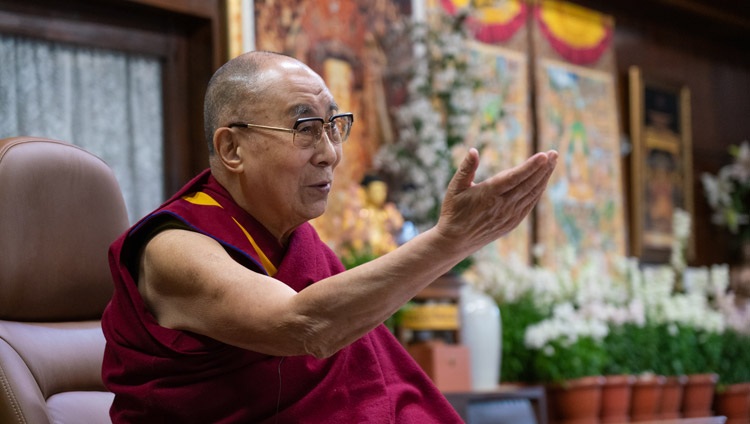 His Holiness the Dalai Lama speaking from his residence in Dharamsala, HP, India during the dialogue on The Necessity of Compassion for the Survival of Humanity on December 9, 2020. Photo by Ven Tenzin Jamphel