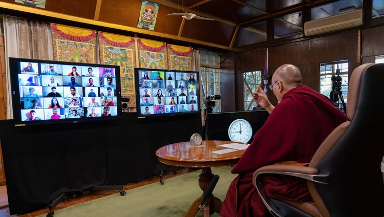 His Holiness the Dalai Lama addressing the virtual audience during his conversation with students on The Purpose of Life as part of Techfest IIT Bombay from his residence in Dharamsala, HP, India on December 15, 2020. Photo by Ven Tenzin Jamphel