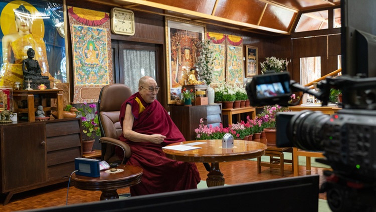 His Holiness the Dalai Lama answering questions from the virtual audience of students during his conversation organized by IIT Bombay from his residence in Dharamsala, HP, India on December 15, 2020. Photo by Ven Tenzin Jamphel