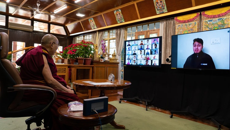 A member of the online audience asking a question fo His Holiness the Dalai Lama during his conversation as part of Techfest IIT Bombay from his residence in Dharamsala, HP, India on December 15, 2020. Photo by Ven Tenzin Jamphel