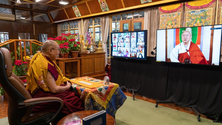 Abbot Ven. JinOk reciting the Heart Sutra in Korean at the start of the first day of His Holiness the Dalai Lama's teachings from his residence in Dharamsala, HP, India on January 5, 2021. Photo by Ven Tenzin Jamphel