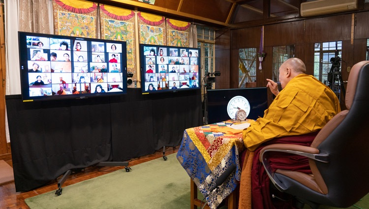 His Holiness the Dalai Lama addressing the virtual audience on the first day of his teachings requested by Korean Buddhists from his residence in Dharamsala, HP, India on January 5, 2021. Photo by Ven Tenzin Jamphel