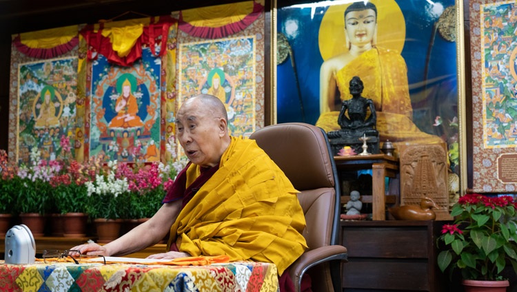 His Holiness the Dalai Lama speaking on the first day of his teachings on the Heart Sutra from his residence in Dharamsala, HP, India on January 5, 2021. Photo by Ven Tenzin Jamphel