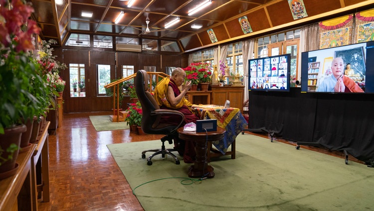 His Holiness the Dalai Lama answering a questions from the virtual audience on the first day of his teachings requested by Korean Buddhists from his residence in Dharamsala, HP, India on January 5, 2021. Photo by Ven Tenzin Jamphel