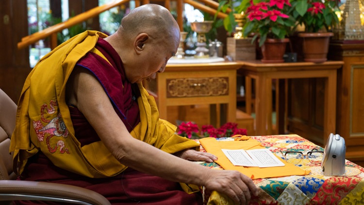 His Holiness the Dalai Lama reading from the Heart Sutra on the first day of his three day teaching from his residence in Dharamsala, HP, India on January 5, 2021. Photo by Ven Tenzin Jamphel