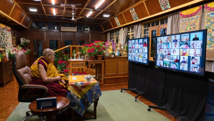 His Holiness the Dalai Lama addressing the virtual audience on the second day of his teachings requested by Korean Buddhists from his residence in Dharamsala, HP, India on January 6, 2021. Photo by Ven Tenzin Jamphel