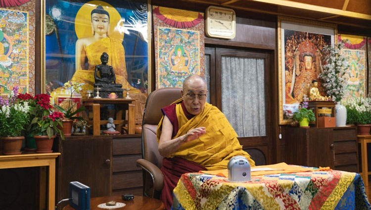 His Holiness the Dalai Lama commenting on the Heart Sutra on the second day of his teachings from his residence in Dharamsala, HP, India on January 6, 2021. Photo by Ven Tenzin Jamphel