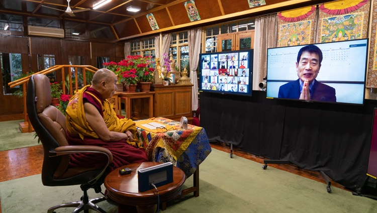 A member of the virtual audience asking His Holiness the Dalai Lama a question during the second day of teachings requested by Korean Buddhists from his residence in Dharamsala, HP, India on January 6, 2021. Photo by Ven Tenzin Jamphel