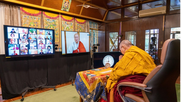 Ven JinOk chanting the Heart Sutra in Korean on the last day of His Holiness the Dalai Lama's three day teaching from his residence in Dharamsala, HP, India on January 7, 2021. Photo by Ven Tenzin Jamphel Ven JinOk chanting the Heart Sutra in Korean on the last day of His Holiness the Dalai Lama's three day teaching from his residence in Dharamsala, HP, India on January 7, 2021. Photo by Ven Tenzin Jamphel