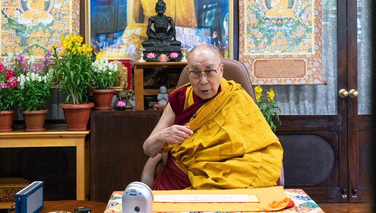 His Holiness the Dalai Lama addressing the virtual audience on the final day of his three day teaching requested by Korean Buddhists from his residence in Dharamsala, HP, India on January 7, 2021. Photo by Ven Tenzin Jamphel His Holiness the Dalai Lama addressing the virtual audience on the final day of his three day teaching requested by Korean Buddhists from his residence in Dharamsala, HP, India on January 7, 2021. Photo by Ven Tenzin Jamphel