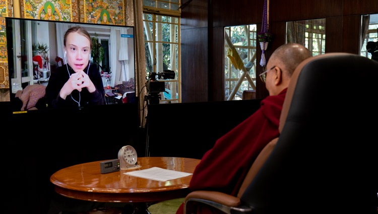 His Holiness the Dalai Lama at his residence in Dharamsala, India listening to Greta Thunberg during their online conversation on January 10, 2021. Photo by Ven Tenzin Jamphel