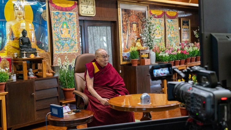 His Holiness the Dalai Lama answering a question from a Harvard Business School student during their conversation on Leadership and Happiness online from his residence in Dharamsala, HP, India on January 17, 2021. Photo by Ven Tenzin Jamphel