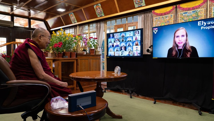 A student from Harvard Business School asking His Holiness the Dalai Lama a question during their conversation on Leadership and Happiness online from his residence in Dharamsala, HP, India on January 17, 2021. Photo by Ven Tenzin Jamphel