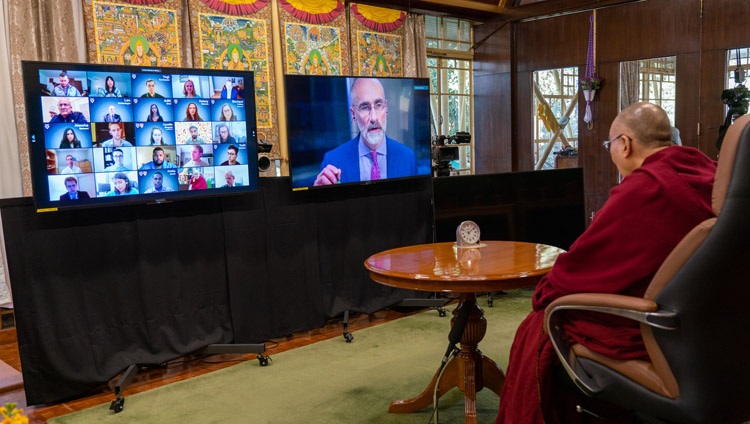 Arthur Brooks opening the conversation on Leadership and Happiness with His Holiness the Dalai Lama online from his residence in Dharamsala, HP, India on January 17, 2021. Photo by Ven Tenzin Jamphel