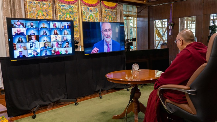 Arthur Brooks opening the conversation on Leadership and Happiness with His Holiness the Dalai Lama online from his residence in Dharamsala, HP, India on January 17, 2021. Photo by Ven Tenzin Jamphel Arthur Brooks opening the conversation on Leadership and Happiness with His Holiness the Dalai Lama online from his residence in Dharamsala, HP, India on January 17, 2021. Photo by Ven Tenzin Jamphel