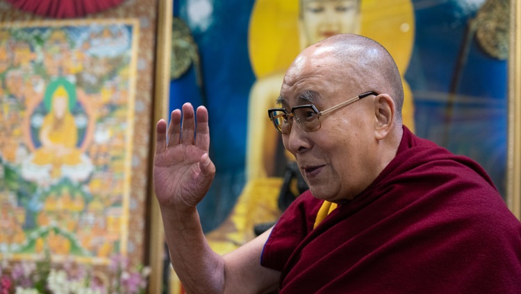 His Holiness the Dalai Lama waving to the virtual audience of students from the British School in New Delhi as he arrives for their conversation on Well-being and Resilience at his residence in Dharamsala, HP, India on January 22, 2021. Photo by Ven Tenzin Jamphel