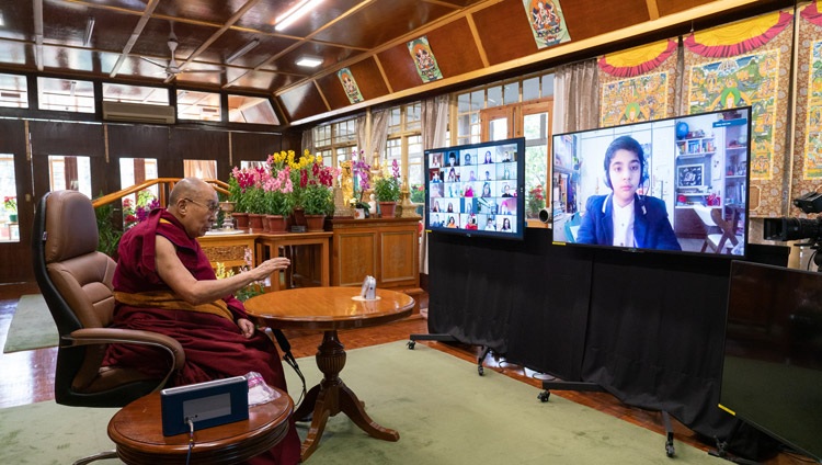 His Holiness the Dalai Lama answering a student's question during their conversation on Well-being and Resilience at his residence in Dharamsala, HP, India on January 22, 2021. Photo by Ven Tenzin Jamphel His Holiness the Dalai Lama answering a student's question during their conversation on Well-being and Resilience at his residence in Dharamsala, HP, India on January 22, 2021. Photo by Ven Tenzin Jamphel