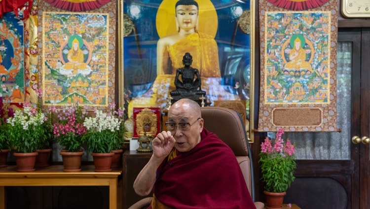 His Holiness the Dalai Lama answering questions from the virtual audience of students from the British School in New Delhi during their conversation on Well-being and Resilience at his residence in Dharamsala, HP, India on January 22, 2021. Photo by Ven Tenzin Jamphel His Holiness the Dalai Lama answering questions from the virtual audience of students from the British School in New Delhi during their conversation on Well-being and Resilience at his residence in Dharamsala, HP, India on January 22, 2021. Photo by Ven Tenzin Jamphel