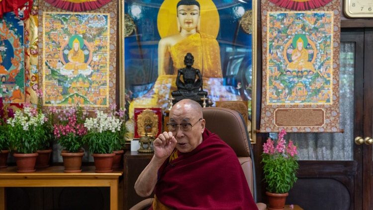 His Holiness the Dalai Lama answering questions from the virtual audience of students from the British School in New Delhi during their conversation on Well-being and Resilience at his residence in Dharamsala, HP, India on January 22, 2021. Photo by Ven Tenzin Jamphel