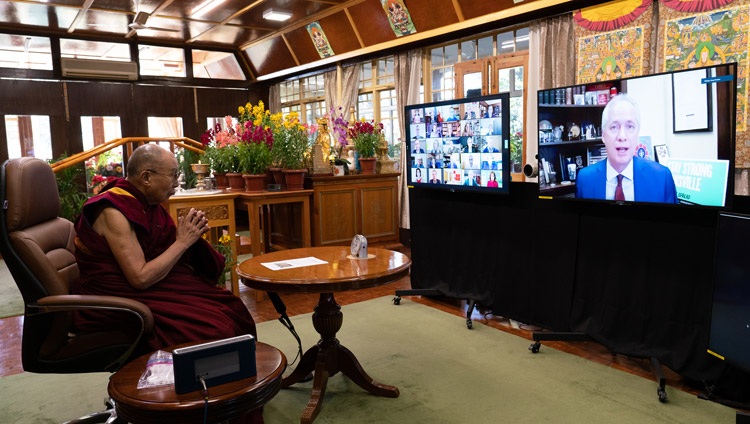 Louisville Mayor Greg Fischer, moderator for the conversation on Kind and Compassionate Leadership welcoming His Holiness the Dalai Lama joining online from his residence in Dharamsala, HP, India on January 27, 2021. Photo by Ven Tenzin Jamphel