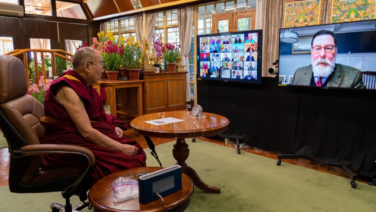 Mayor Bill Peduto, Pittsburgh, USA asking His Holiness the Dalai Lama a question during their online conversation on Kind and Compassionate Leadership from his residence in Dharamsala, HP, India on January 27, 2021. Photo by Ven Tenzin Jamphel Mayor Bill Peduto, Pittsburgh, USA asking His Holiness the Dalai Lama a question during their online conversation on Kind and Compassionate Leadership from his residence in Dharamsala, HP, India on January 27, 2021. Photo by Ven Tenzin Jamphel