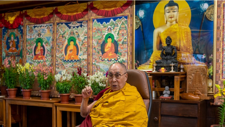 His Holiness the Dalai Lama speaking to the virtual audience during his online teaching from his residence in Dharamsala, HP, India on February 8, 2021. Photo by Ven Tenzin Jamphel His Holiness the Dalai Lama speaking to the virtual audience during his online teaching from his residence in Dharamsala, HP, India on February 8, 2021. Photo by Ven Tenzin Jamphel