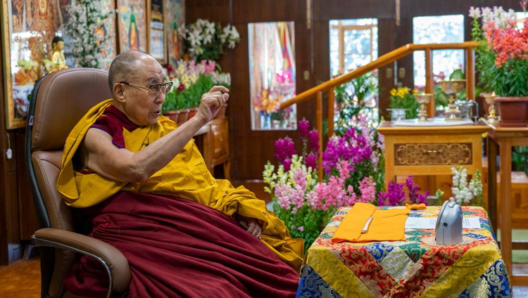 His Holiness the Dalai Lama speaking during his online teaching from his residence in Dharamsala, HP, India on February 8, 2021. Photo by Ven Tenzin Jamphel His Holiness the Dalai Lama speaking during his online teaching from his residence in Dharamsala, HP, India on February 8, 2021. Photo by Ven Tenzin Jamphel