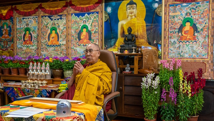 His Holiness the Dalai Lama joining in introductory prayers at the start of his teachings on the full-moon day of the Great Prayer Festival online from his residence in Dharamsala, HP, India on February 27, 2021. Photo by Ven Tenzin Jamphel