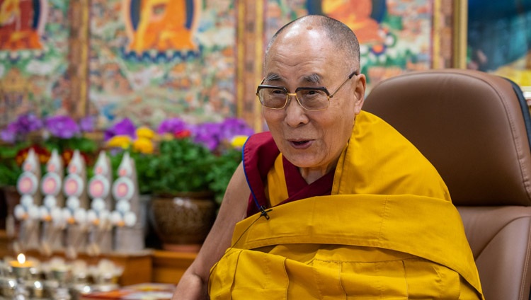 His Holiness the Dalai Lama speaking to the virtual audience during his teachings on the full-moon day of the Great Prayer Festival online from his residence in Dharamsala, HP, India on February 27, 2021. Photo by Ven Tenzin Jamphel