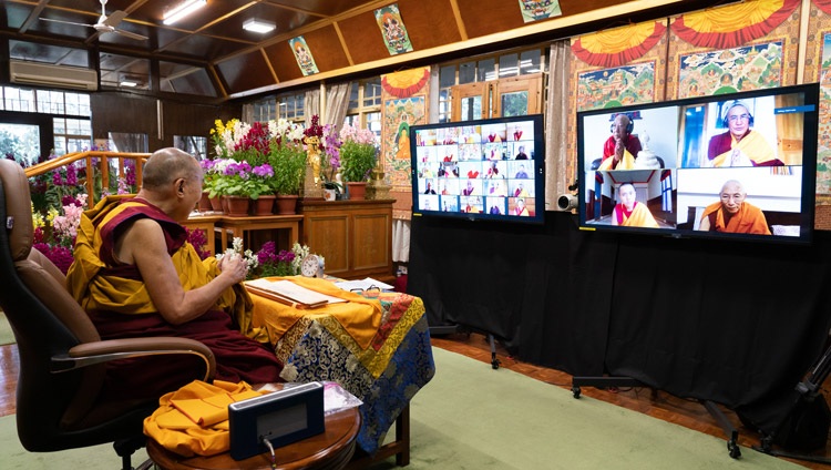 His Holiness the Dalai Lama addressing the virtual audience during his teachings on the full-moon day of the Great Prayer Festival online from his residence in Dharamsala, HP, India on February 27, 2021. Photo by Ven Tenzin Jamphel