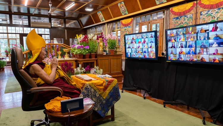 His Holiness the Dalai Lama joining in closing prayers at the conclusion of his teachings on the full-moon day of the Great Prayer Festival online from his residence in Dharamsala, HP, India on February 27, 2021. Photo by Ven Tenzin Jamphel