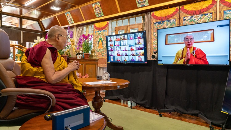 Most Ven Bhikshu Jing Yao, Chairman of Buddhist Association of the Republic of China (Taiwan) delivering his presentation online during the inaugural session of the International Conference on the Three Trainings in the Pali and Sanskrit Traditions of Buddhism on March 5, 2021. Photo by Ven Tenzin Jamphel