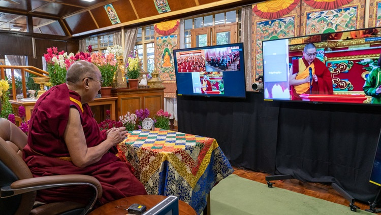 Lamiin Gegeen Rinpoché offering greetings to His Holiness the Dalai Lama at the start of his talk on Buddhism and Science online from his residence in Dharamsala, HP, India on March 11, 2021. Photo by Ven Tenzin Jamphel