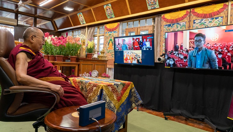 A member of the audience in Mongolian asking His Holiness the Dalai a question during his talk on Buddhism and Science online from his residence in Dharamsala, HP, India on March 11, 2021. Photo by Ven Tenzin Jamphel