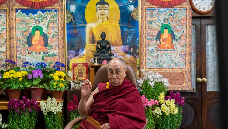 His Holiness the Dalai Lama speaking on Buddhism and Science to an online audience of Mongolian youth from his residence in Dharamsala, HP, India on March 11, 2021. Photo by Ven Tenzin Jamphel