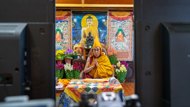 His Holiness the Dalai Lama speaking to the virtual audience in Mongolia on the final day of online teachings from his residence in Dharamsala, HP, India on March 13, 2021. Photo by Ven Tenzin Jamphel