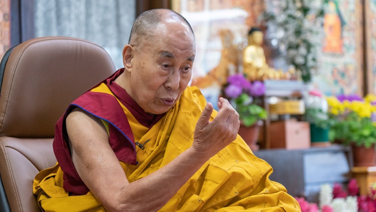 His Holiness the Dalai Lama commenting on Tsongkhapa's 'Three Principal Aspects of the Path' during his online teaching from his residence in Dharamsala, HP, India on March 13, 2021. Photo by Ven Tenzin Jamphel